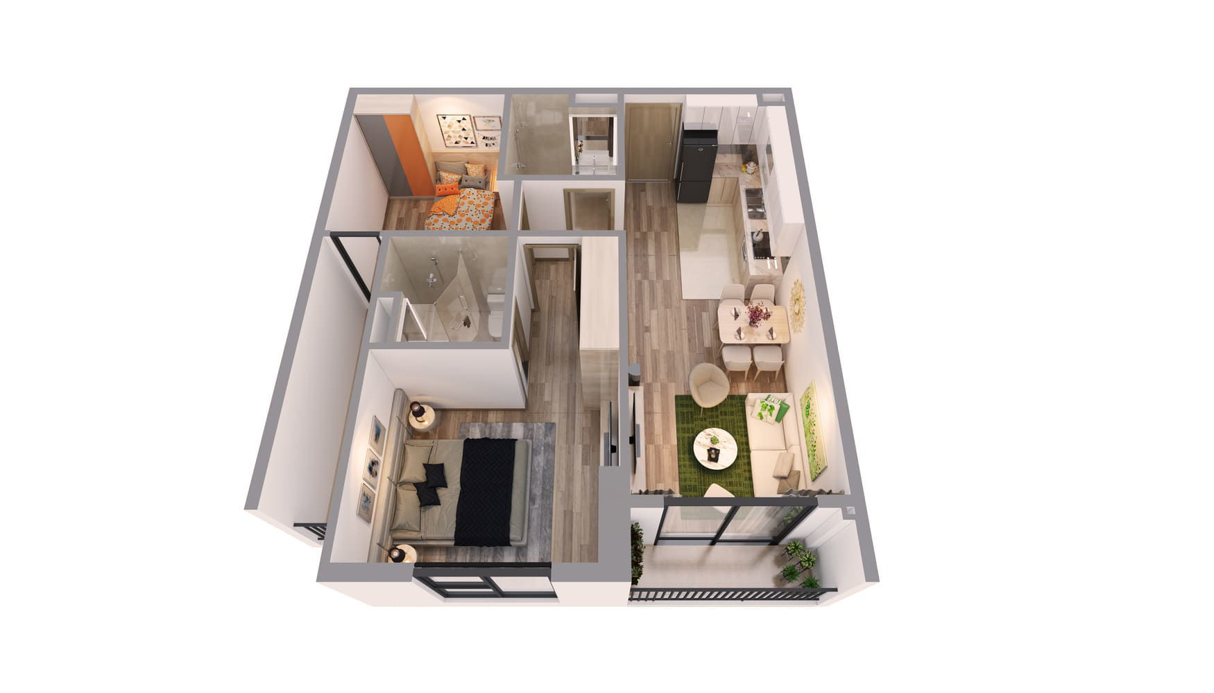 Thiết kế căn hộ TT DC Complex 120 Định công 2 Phòng Ngủ 62m 3D
