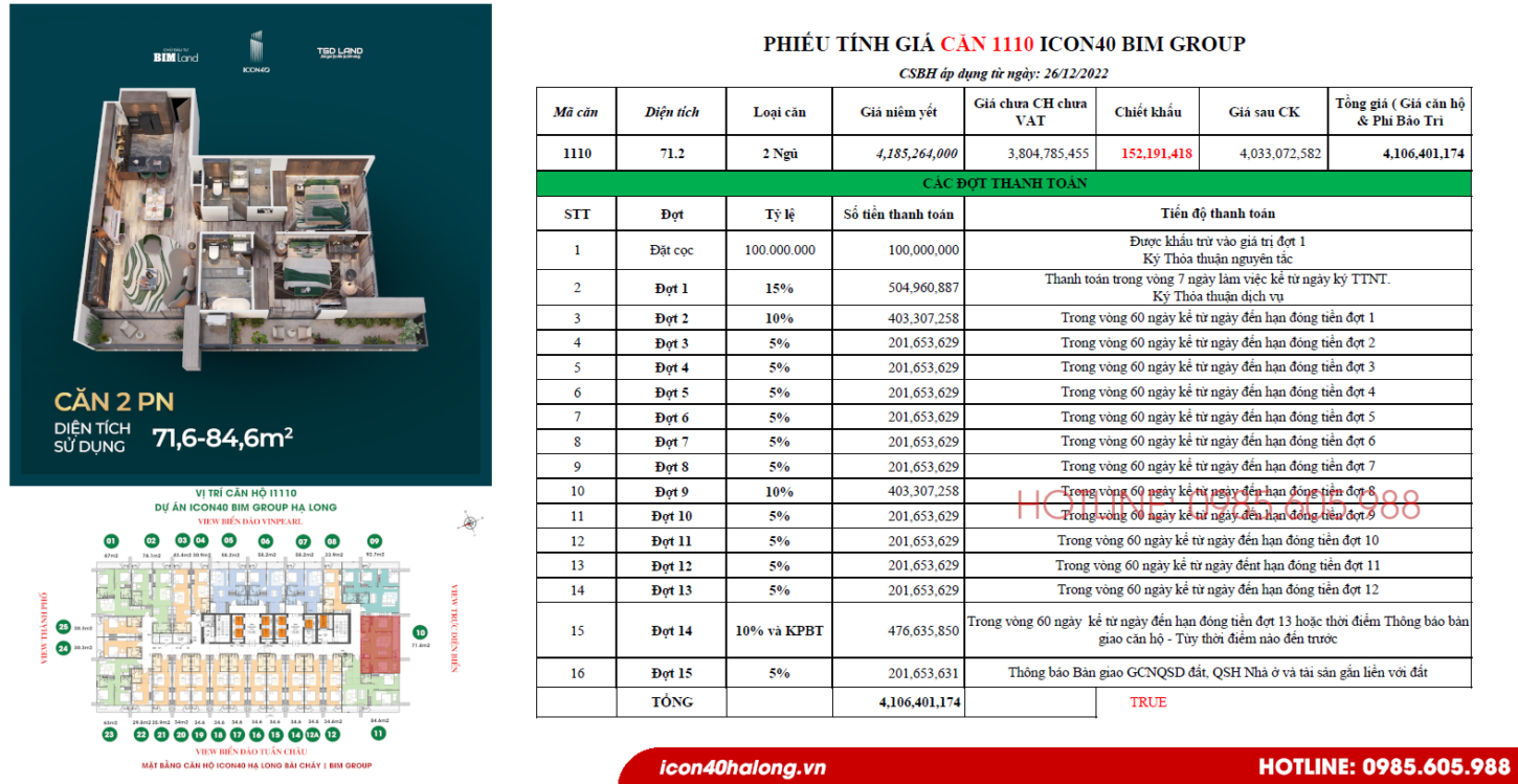 Phiếu tính giá căn 1110 Icon40 Hạ Long Quảng Ninh 2023