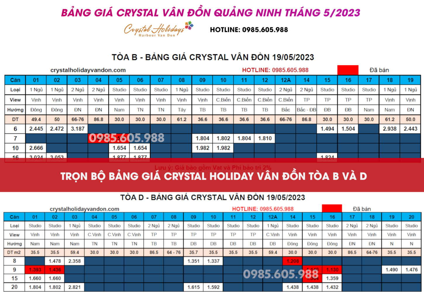 Giá bán Crystal Holiday Vân Đồn tòa B và Toa D 2023